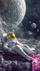 Obraz premium An astronaut lounging on the moon amidst an otherworldly environment, embodying peace and isolation while surrounded by celestial wonders and striking visuals for a stylish retreat.