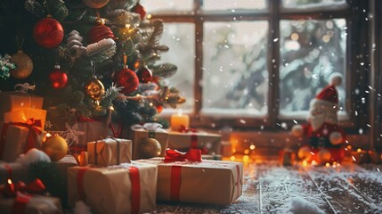 A cozy Christmas morning with children excitedly unwrapping presents under a tree adorned with ornaments. Snow falls gently outside, visible through a frosty window.