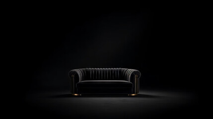 A luxurious charcoal black velvet sofa with tufted backrest and brass legs