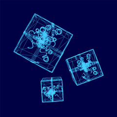 Three blue boxes. The boxes are arranged in a way that they look like they are stacked on top of each other. The boxes are all different sizes and shapes