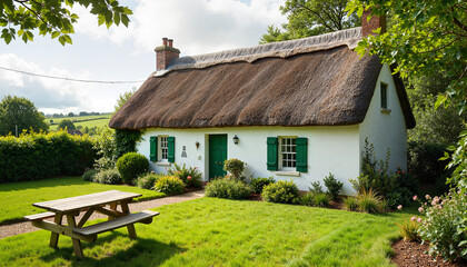 Leprechaun's house on St. Patrick's Day, green landscape, cozy cottage with thatched roof
