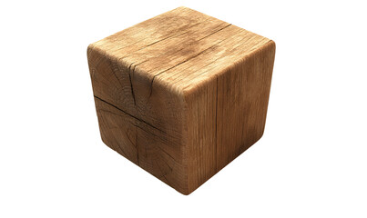 Wooden cube, rustic texture, studio shot, black background, design element