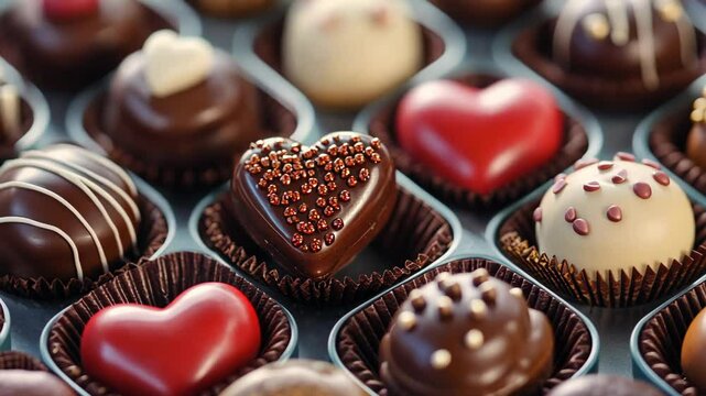  close up Valentines's day chocolate, strawbery, heart, rose petal, look yummy , chocolate set in box