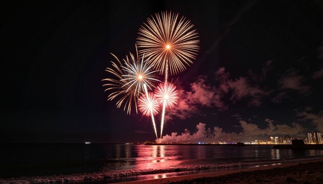 Stunning fireworks display over beach at night, festive celebration