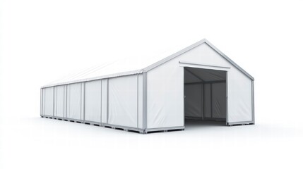Fototapeta premium A large, temporary tent structure with a gabled roof, open entrance, and a series of enclosed sections, suggesting an event venue or temporary shelter