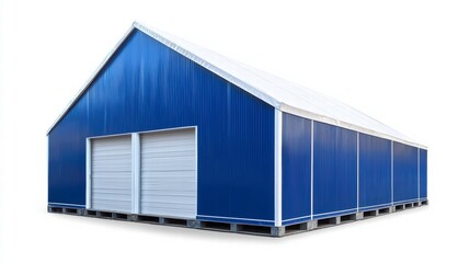 Obraz premium Industrial Warehouse: A large, modern industrial warehouse with a striking blue facade, large sliding doors, and a contrasting white roof, perfect for logistics, storage, or manufacturing. 