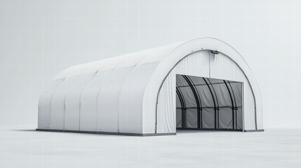 Industrial Shelter: An industrial shelter, or large tent-like structure, stands prominently, with its arched roof and open entrance giving a glimpse of the interior. It's a versatile structure.