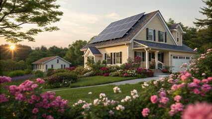 Charming Yellow House with Solar Panels Surrounded by Colorful Flower Garden at Sunset