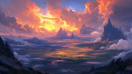 Breathtaking Sunset Over Majestic Mountains and Lush Valleys with Vibrant Colors in an Enchanting Landscape of Nature's Splendor