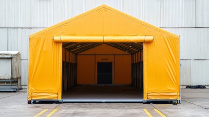 Yellow Tent Structure: An eye-level shot of a large, yellow tent structure, possibly for temporary storage or event space, with an open entrance and a closed door in the back.