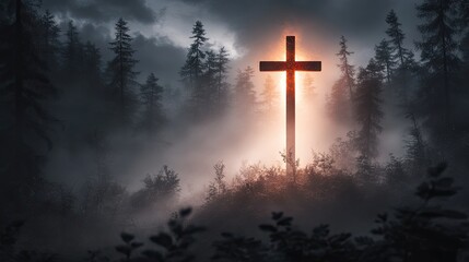 Obraz premium Glowing cross in foggy forest at dusk; faith, hope, spiritual