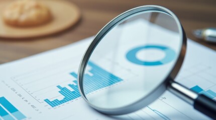A magnifying glass hovering above a document with graphs and charts, illustrating data analysis and interpretation