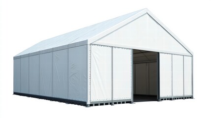 Fototapeta premium Large Tent Structure: A substantial, modern event tent stands in a minimalist style, its clean lines and bright design. The tent's architecture hints at events, exhibitions, or gatherings. 