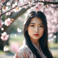 Obraz premium Sakura ga chirabaru haikei to shite, utsukushī tōyō no josei ga shōmen o mitsumeru.