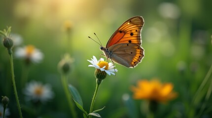 Obraz premium A butterfly resting on a delicate flower in a lush garden, surrounded by greenery, symbolizing tranquility and the beauty of the natural world.