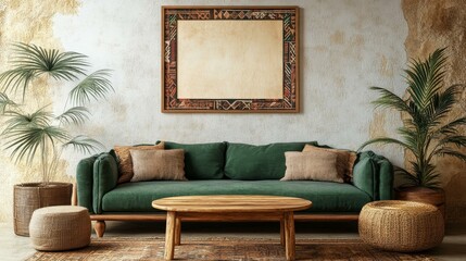 Modern Boho Living Room Illustration with Green Sofa and Wooden Furniture