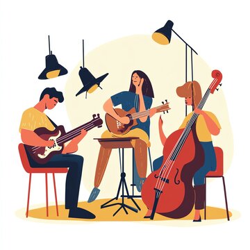 A lively music jam session with three musicians sharing their passion.