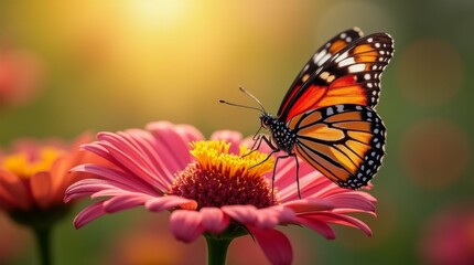 Fototapeta premium A close-up of a vibrant butterfly perched on a colorful flower, with soft sunlight illuminating its wings