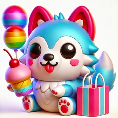 Fototapeta premium Cheerful kawaii wolf character celebrating with sweets and rainbow balloons