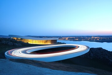 Obraz premium Curved Architectural Marvel: Coastal Building with a Nighttime Light Trails of Cars Driving on Circular Road at Dusk