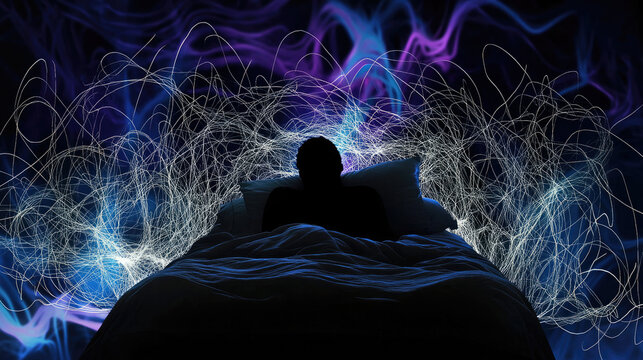 A shadowy figure in bed tangled in glowing threads, symbolizing disrupted sleep patterns and insomnia.