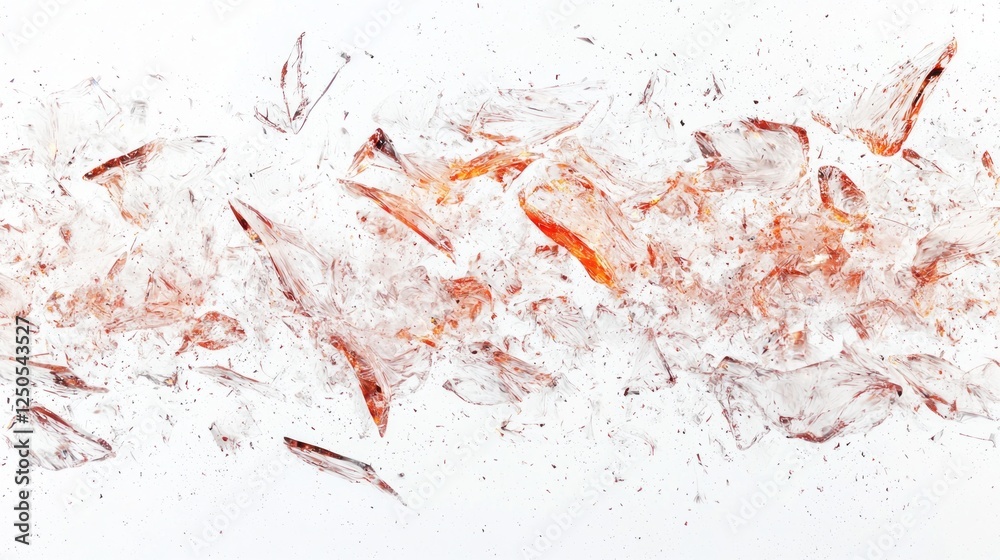 Poster shattered glass fragments lay spread across a white backdrop, showcasing a mix of sharp edges and re