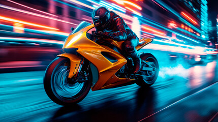 Motorcyclist on a yellow motorbike speeds along street at high speed.