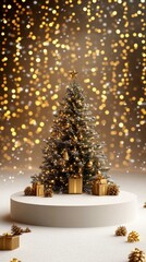 Golden Christmas Tree with Gifts on a Podium