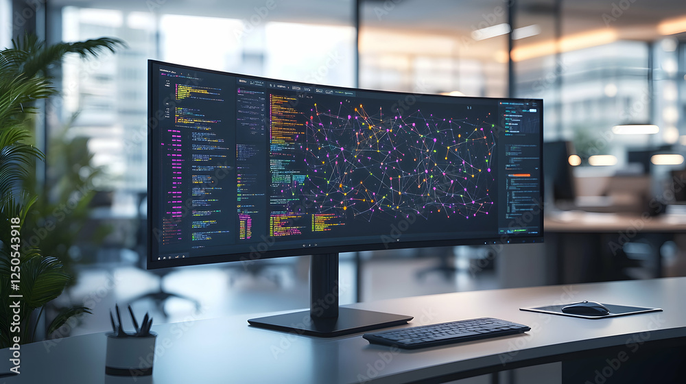Wall mural modern ultrawide monitor on a sleek desk displaying colorful network visualization in a minimalist o