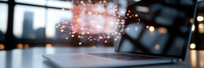 Futuristic Workspace Innovation Sleek Laptop with AI-Powered Network Graphics in Contemporary Office - Enhancing Efficiency in Tech-Driven Business Environments