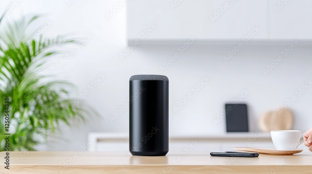 Poster minimalist smart kitchen voice-activated ai speaker and smartphone on wooden counter - streamlined c