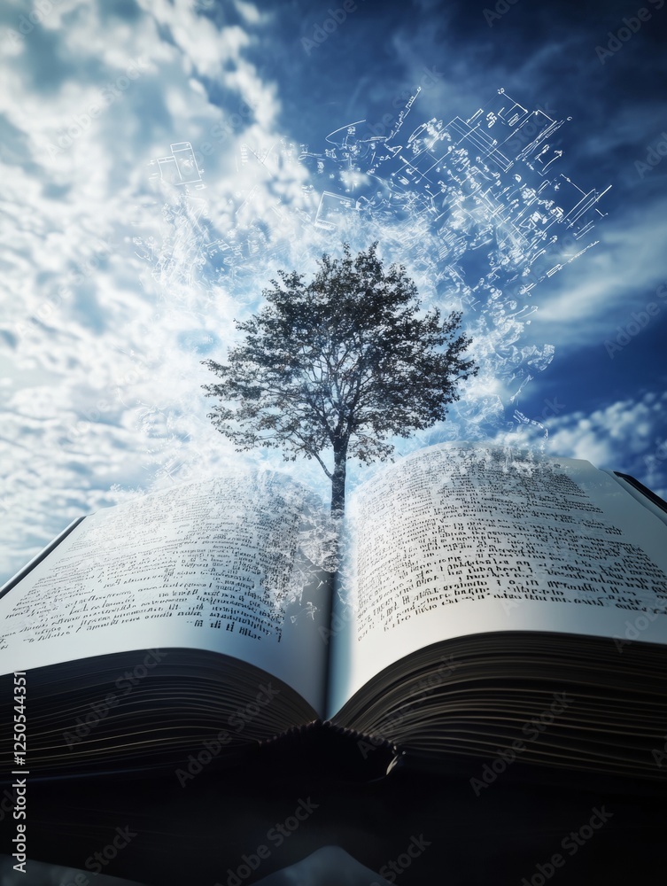 Fototapete Rustic Knowledge Visualization Open Book with Tree Growth and Mathematical Formulas - Artistic Educational Content and Learning Development Tools for Modern Classrooms