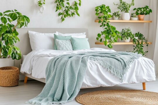 Stylish Modern Bedroom with Plants and Soft Bedding
