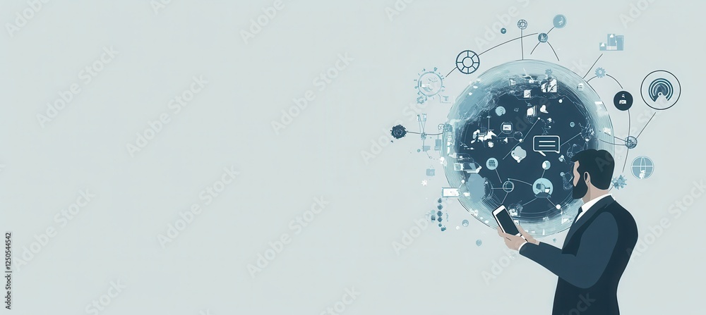 Poster businessman analyzing global data on mobile.