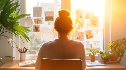 Contemporary Financial Vision Board Sustainable Paper, Sunlit Workspace and Thoughtful Goal Setting - Modern Personal Finance Content for Young Professionals