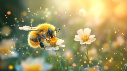 A Bumble Bee on a Daisy in a Sunlit Meadow