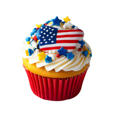 Stylist cupcake with design of American flag isolated on transparent white background, clopping path, PNG.