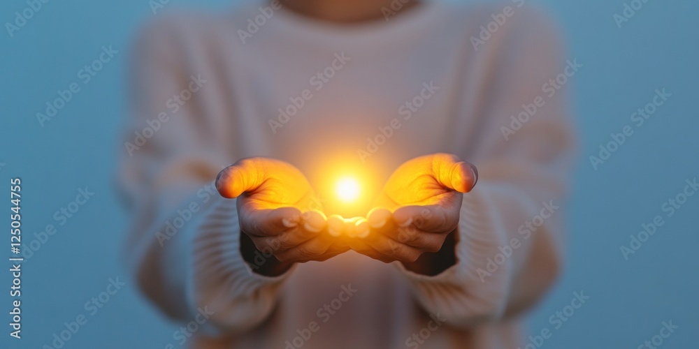 Poster Ambient Glow in Minimalist Hands Illuminated Sphere with Soft Textures - Digital Serenity for Innovative Business Concepts and Transformative Marketing Strategies