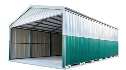 Metal Carport Shelter: Sturdy and practical, this metal carport provides ample shelter for vehicles and equipment. The two-toned design, featuring a combination of beige and green.