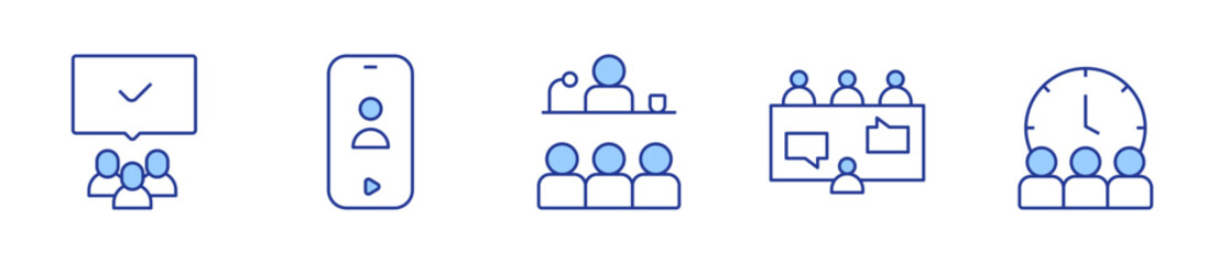 audiences, interview, schedule, conference, talk. Meeting Icon vector illustration. Line Duotone style. Editable stroke