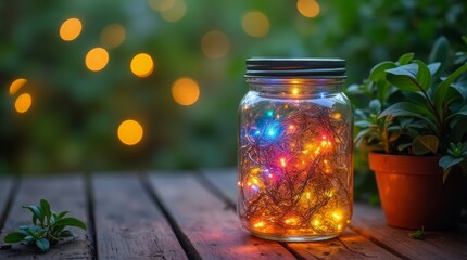A rustic scene featuring a jar filled with colorful fairy lights, placed on a wooden table surrounded by greenery