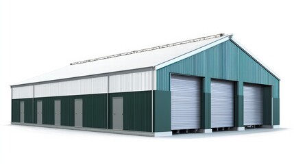 Fototapeta premium Industrial Steel Building with Garage Doors: A sturdy, industrial steel building stands proudly, featuring a modern design, large garage doors, and a durable green exterior.