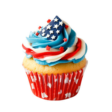 Stylist cupcake with design of American flag isolated on transparent white background, clopping path, PNG.
