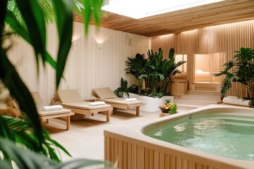 Obraz premium Tranquil Spa: Indoor Hot Tub Relaxation with Wooden Design & Lush Greenery