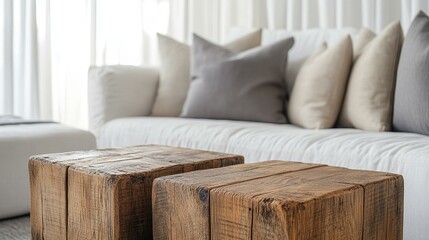 Rustic Wooden Block Coffee Tables in Modern Living Room