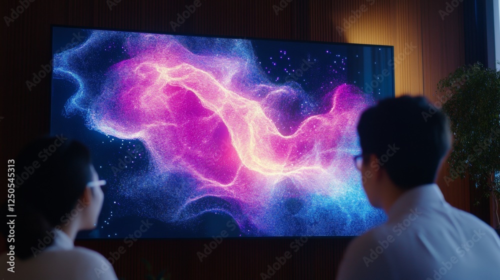 Aufkleber Minimalist Collaborative Workspace Business Team Engaging with AI-Enhanced Smart Screen for Data Visualization and Analytics - Modern Office Tech Integration for Innovation
