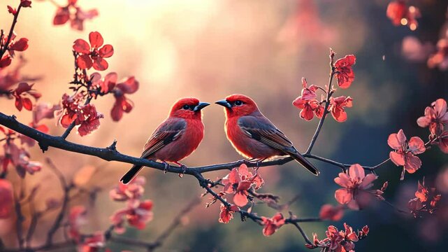 two love bird, red spring cute two birds on cheery blossom flower branch in misty fog dreamy nature landscape 