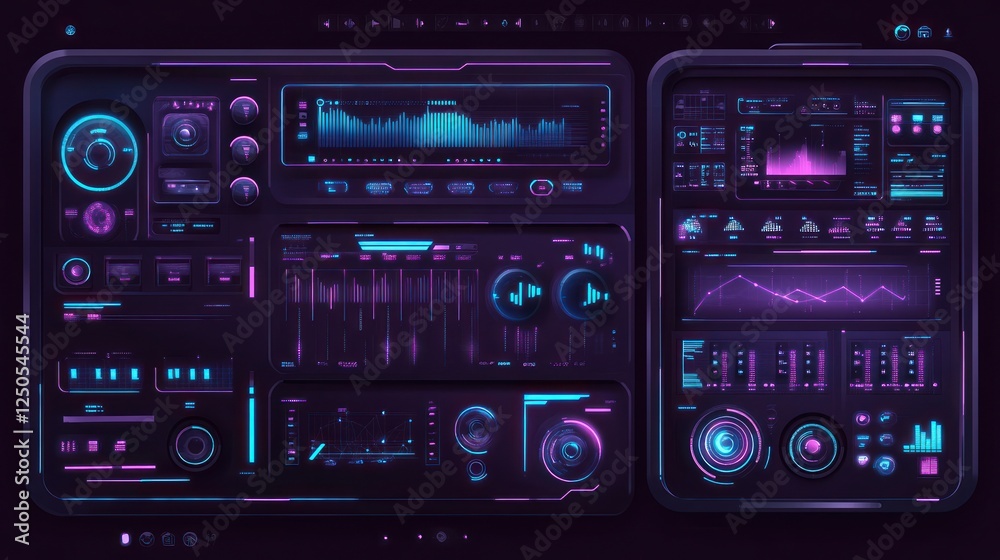 Poster futuristic interface with glowing elements and data visualization panels