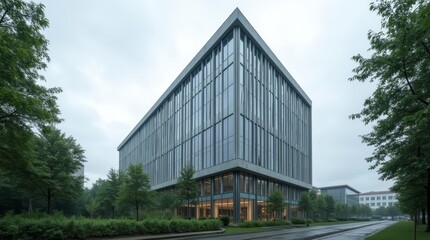 Fototapeta premium A corporate office building with sleek lines and large windows, surrounded by green plants under an overcast sky, showcasing modern eco-friendly architecture