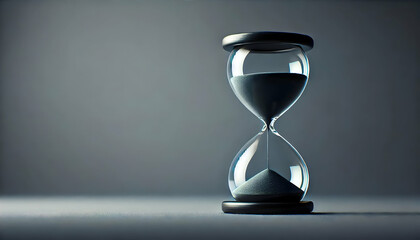 Modern Hourglass with Black Sand Sand Timer Counting Down Time Against a Dark Gray Background, Emphasizing Deadlines and the Passage of Moments.